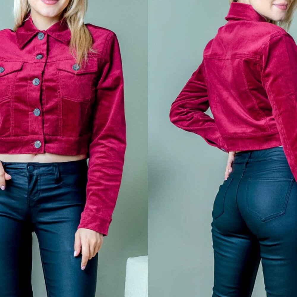 NWOT burgundy corduroy crop jacket Military style jacket with pockets